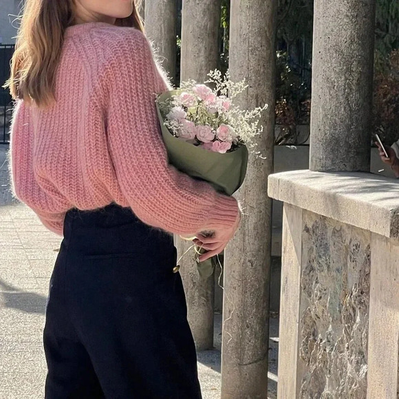 Pink Casual Women's Open Button-Front Loose Long Sleeve Knitted Cardigan - Picture 5 of 9